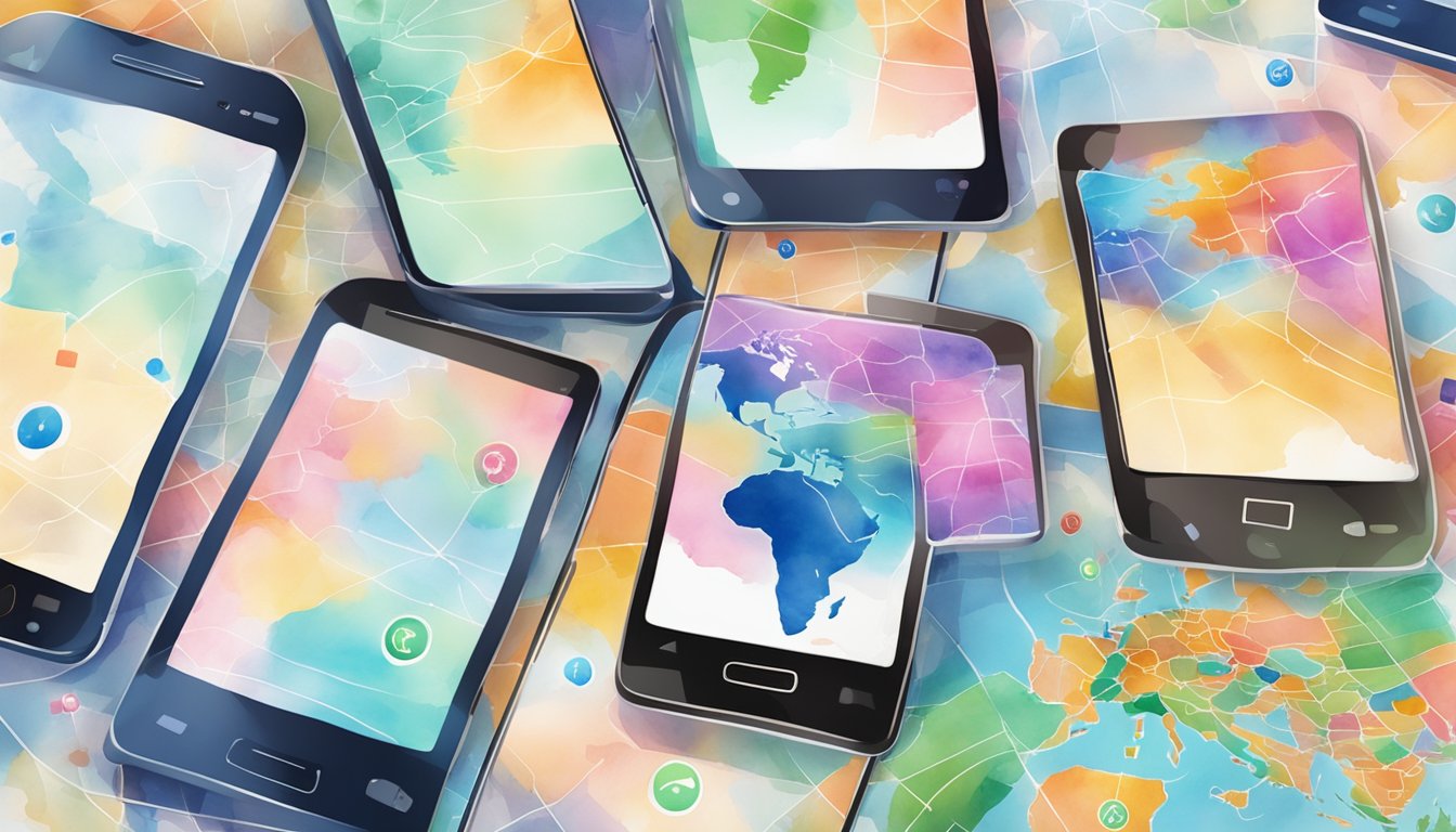 Colorful smartphone screens with language exchange app icons displayed.</p><p>A world map in the background with travel-related items scattered around