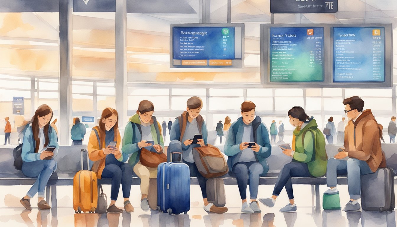 A group of travelers use language exchange apps on their smartphones while sitting in a bustling airport terminal, surrounded by luggage and departure boards