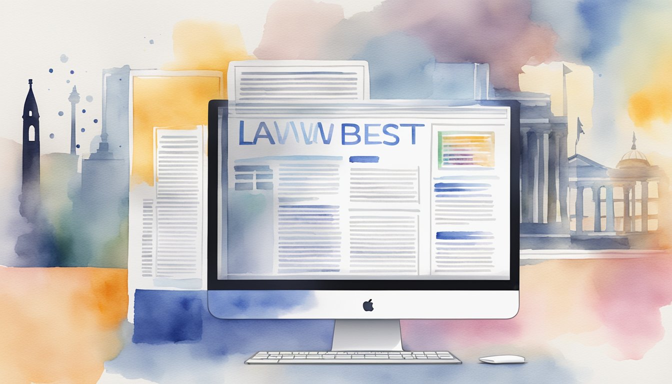 A computer screen displaying the US News Best Law Schools website with rankings and reviews.</p><p>Multiple tabs open with other law school review websites