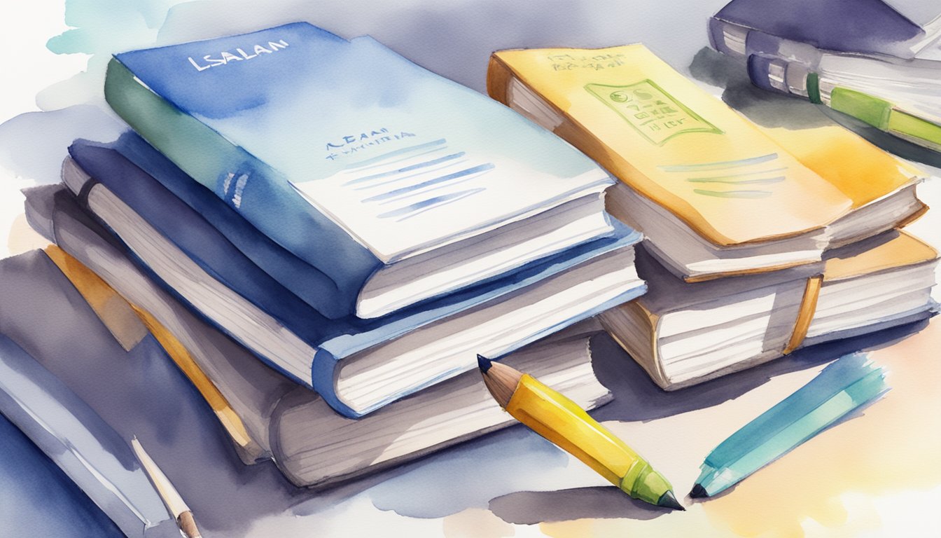 A stack of LSAT prep books by Kaplan arranged neatly with a bookmark sticking out, surrounded by study materials and a highlighter