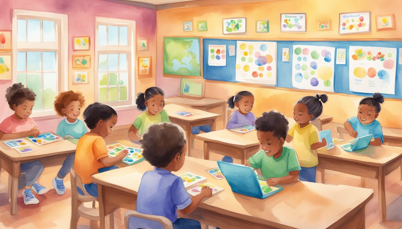 Preschoolers playing ABCmouse learning games on colorful tablets in a cozy classroom with bright, educational posters on the walls