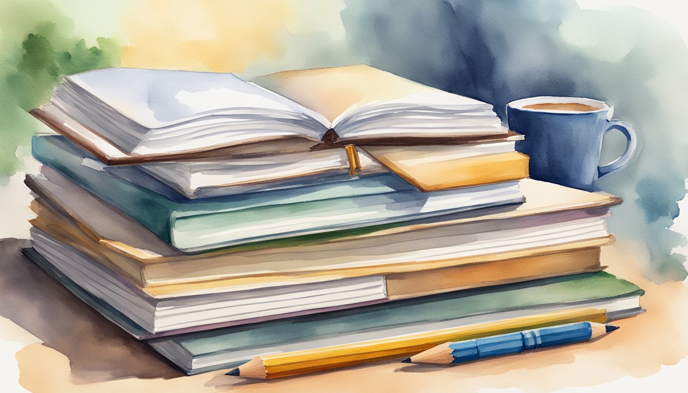 A stack of LSAT prep books open to a page titled "Review Mistakes Thoroughly: 7 Tips for Acing the LSAT." A pencil and notebook sit nearby, ready for note-taking