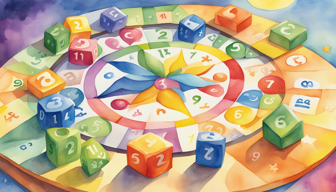 Bright, colorful game pieces scattered on a play mat with numbers, letters, and shapes.</p><p>A smiling sun and moon are featured on the game board