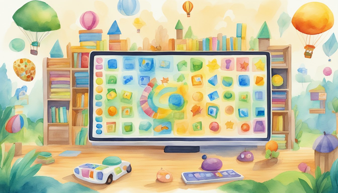 A colorful array of educational games displayed on a screen, with playful graphics and interactive elements, designed to engage and educate preschoolers