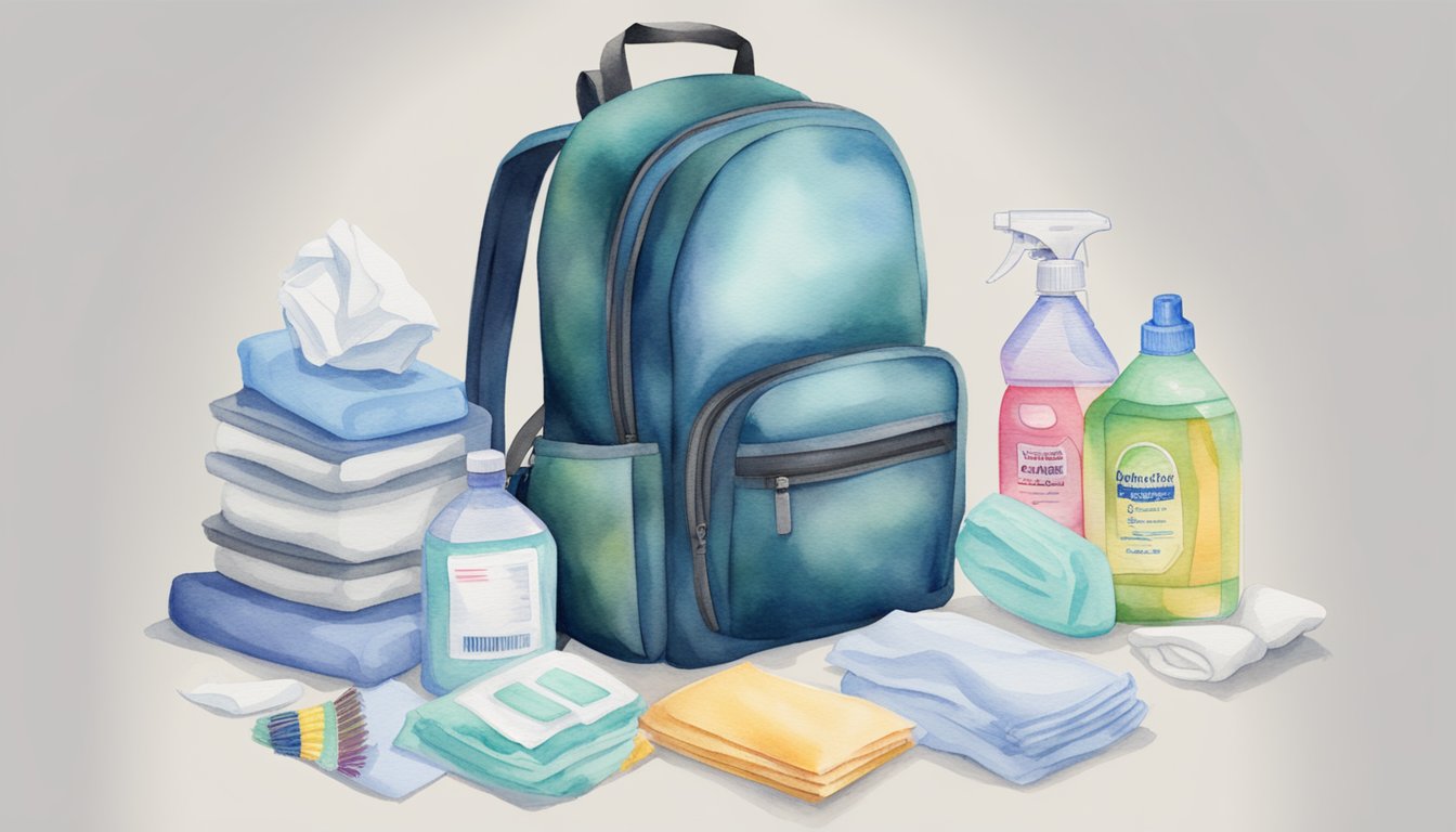 A backpack filled with hand sanitizer, disinfectant wipes, masks, gloves, and tissues.</p><p>A checklist with "sanitation supplies" and "college visit tips" written on it