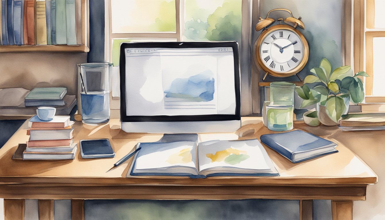 A desk with open books, a laptop, and a pencil.</p><p>A clock on the wall shows the time.</p><p>A window lets in natural light