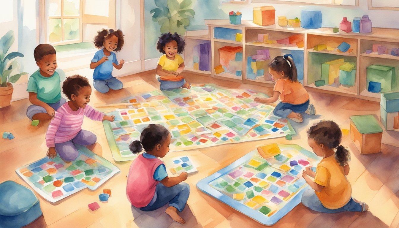 Preschoolers engaged in fun, interactive learning games.</p><p>Bright, colorful game boards and cards scattered on the floor.</p><p>Smiles and laughter fill the room