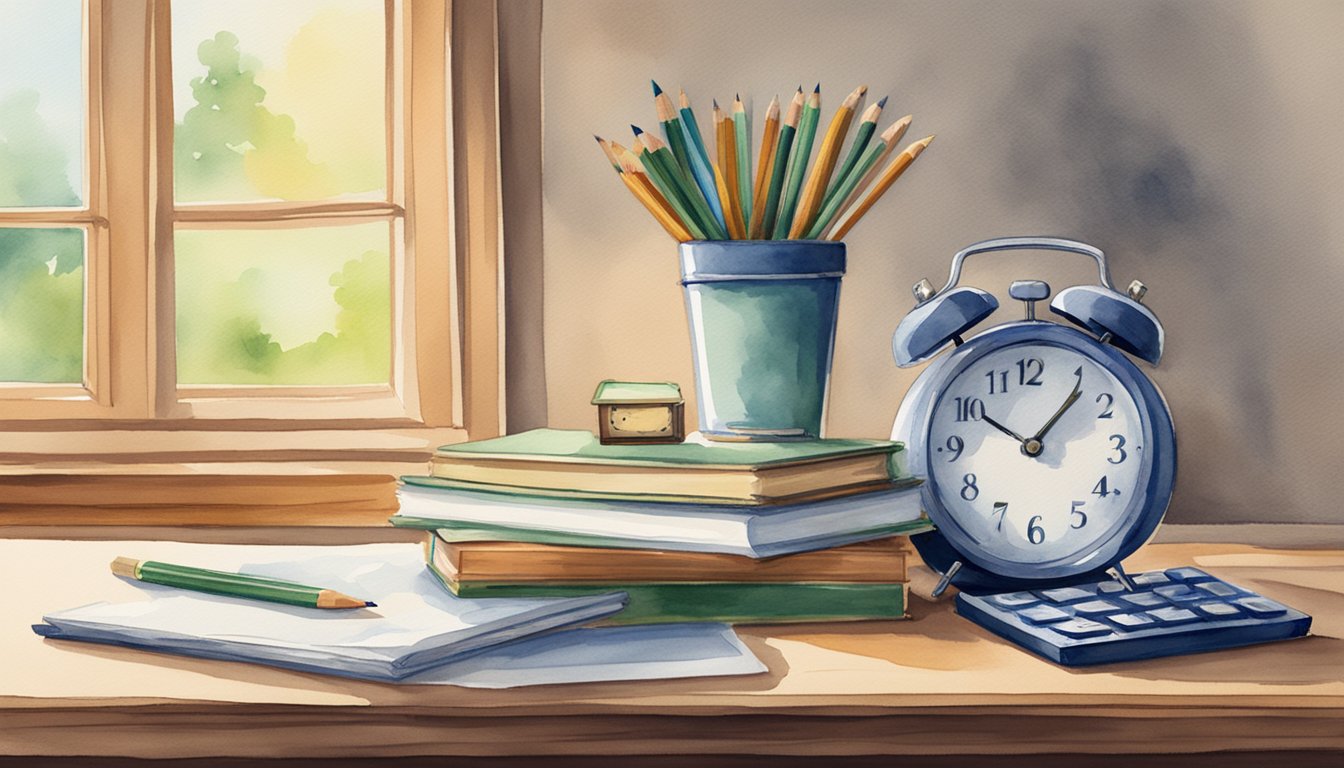 A stack of GRE practice test books on a desk, surrounded by pencils and a calculator.</p><p>A clock on the wall shows the time, and a window lets in natural light