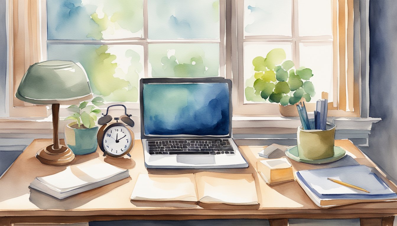 A desk with open textbooks, a laptop, and notes.</p><p>A clock on the wall shows 10:00.</p><p>Light filters in through a window