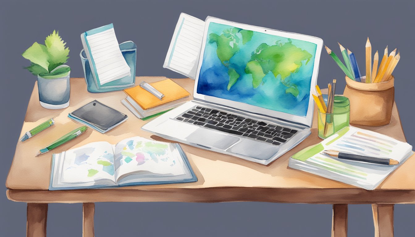 A desk with a laptop showing Duolingo English Test Practice and TOEFL Practice Tools.</p><p>Books and notes scattered around