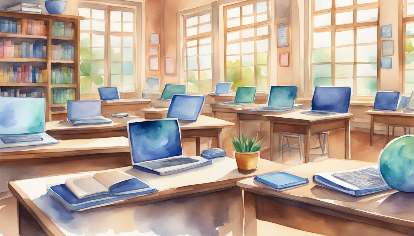 A classroom setting with digital devices and traditional learning materials, such as textbooks and notebooks, coexisting harmoniously