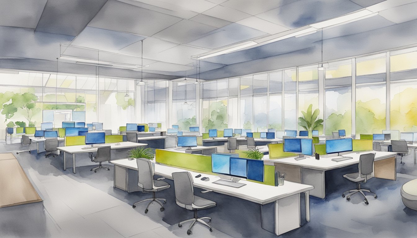 A bright, modern training center with seven sleek computer screens displaying various learning management systems, surrounded by comfortable seating and a professional atmosphere