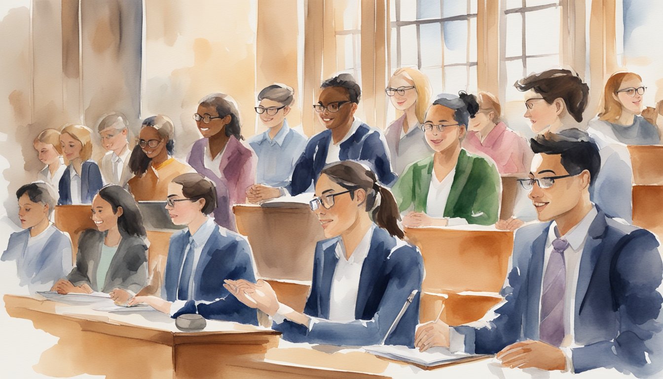 Students engaging in diverse extracurricular activities: mock trials, community service, debate, and legal internships.</p><p>Show enthusiasm and dedication