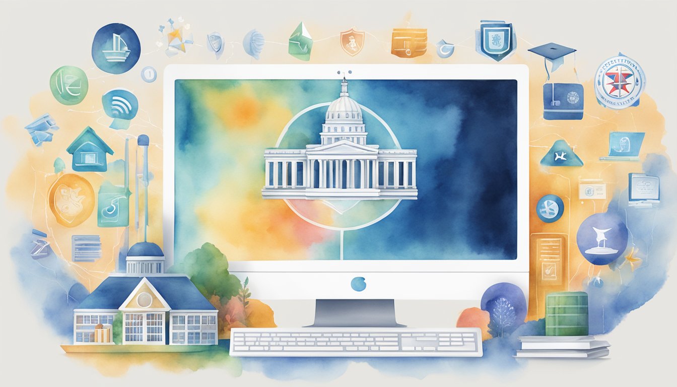 A computer screen displays Liberty University's logo surrounded by icons representing 7 online colleges