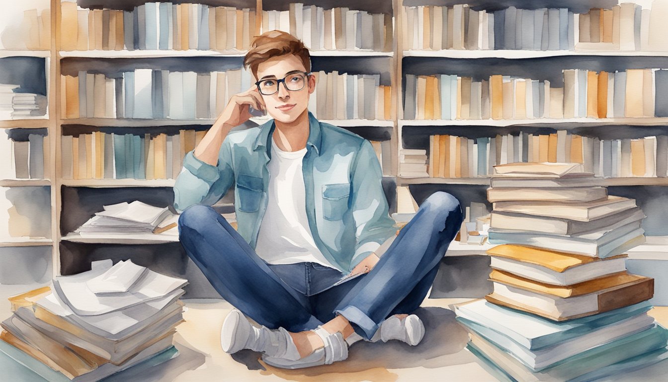 A college student sits confidently, surrounded by books and notes, practicing common interview questions.</p><p>They exude professionalism and preparedness