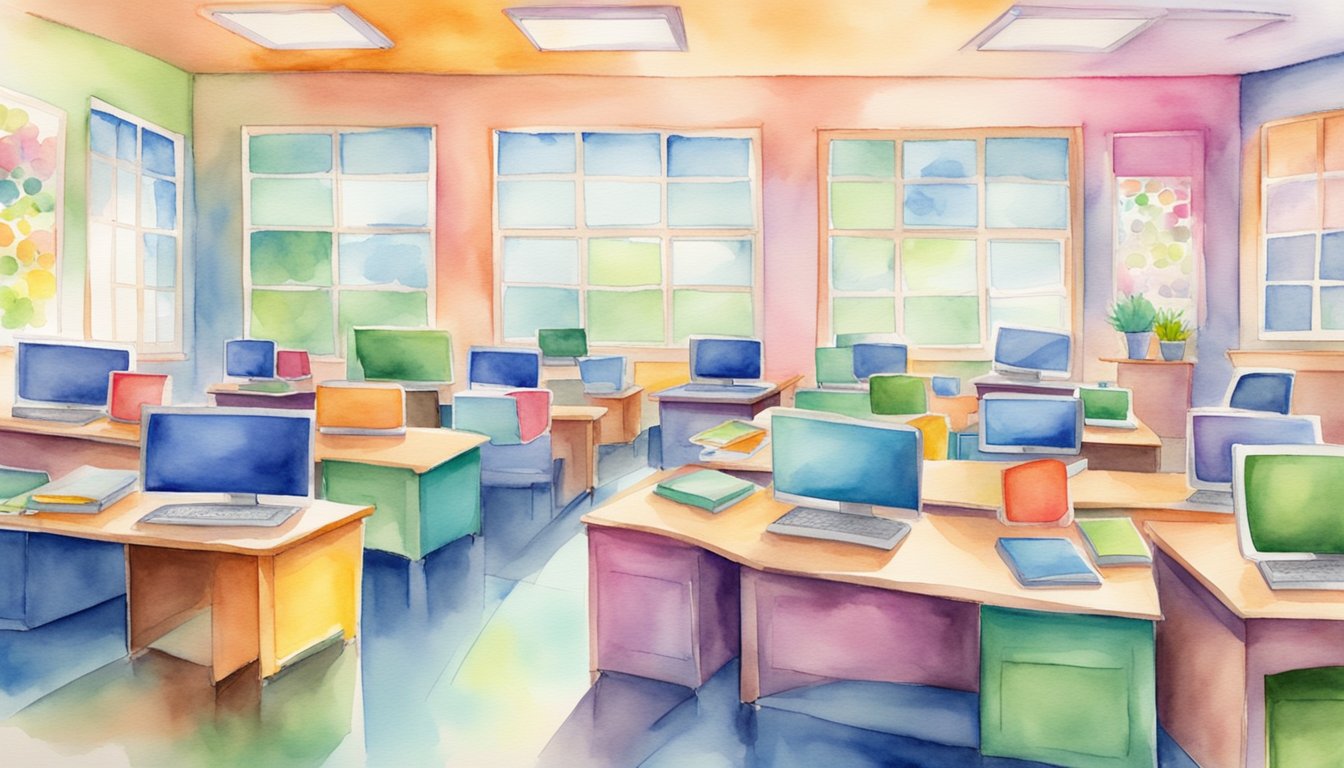 A colorful classroom with computers and educational materials for elementary students