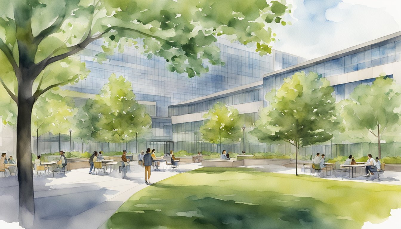 The MIT Sloan School of Management campus features modern buildings and green spaces, with students studying and collaborating in outdoor seating areas