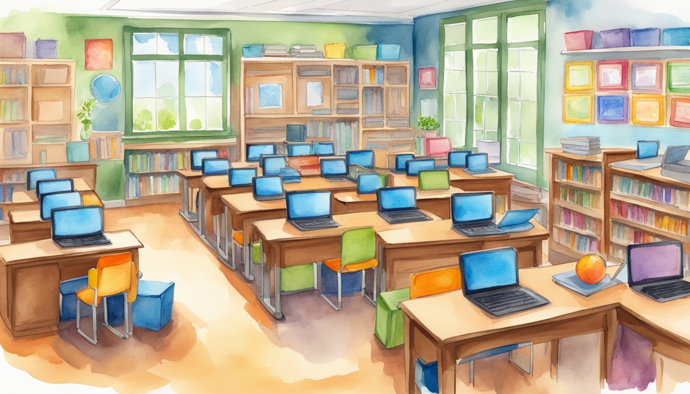 A colorful classroom with computers, books, and educational materials.</p><p>Bright and inviting space for elementary students to learn and engage in Power Homeschool 7 online programs