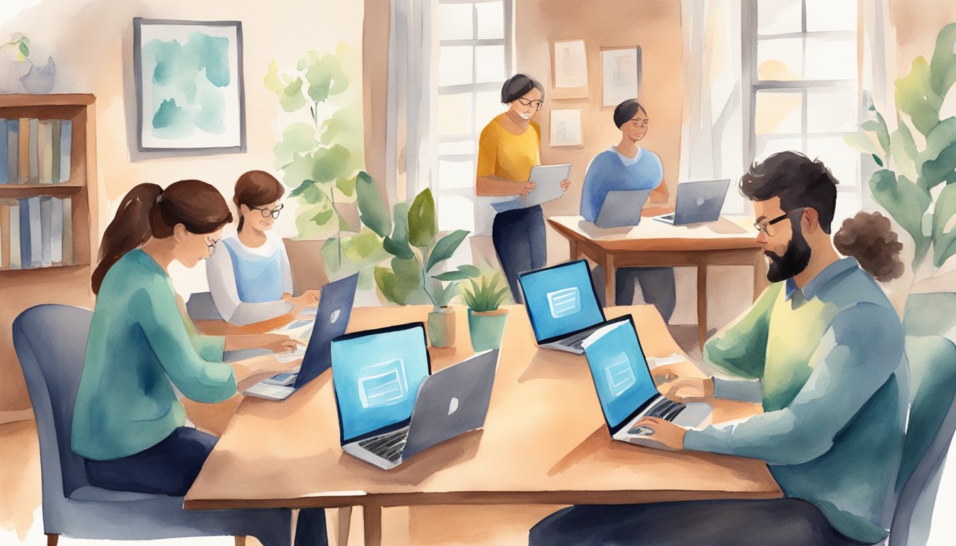 Working professionals at home, using laptops and tablets.</p><p>Online college programs displayed on screens.</p><p>Comfortable environment, flexible schedule, and access to educational resources