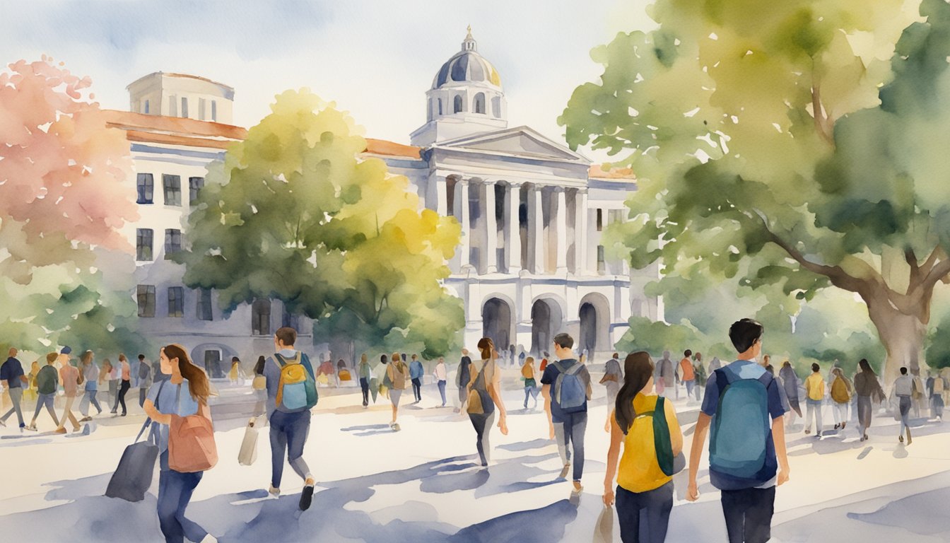 The bustling campus of UC Berkeley (Haas) with students walking between historic buildings and modern classrooms