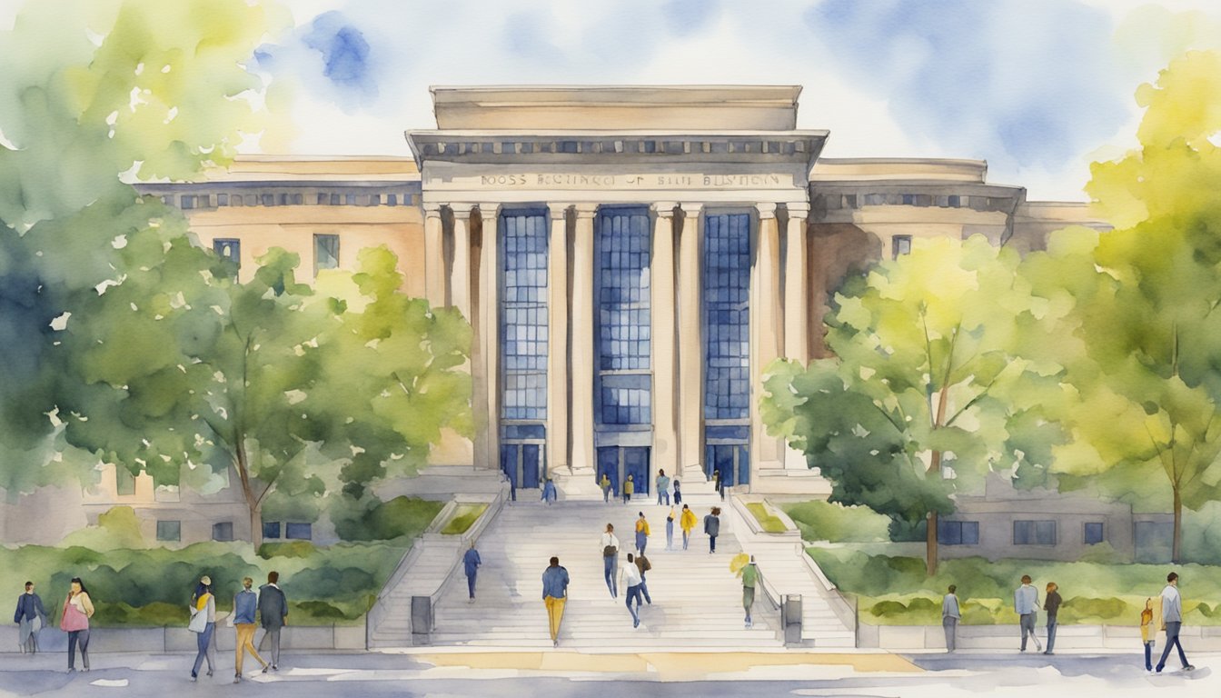 The iconic Ross School of Business building at the University of Michigan, Ann Arbor, with students walking around and engaging in academic activities