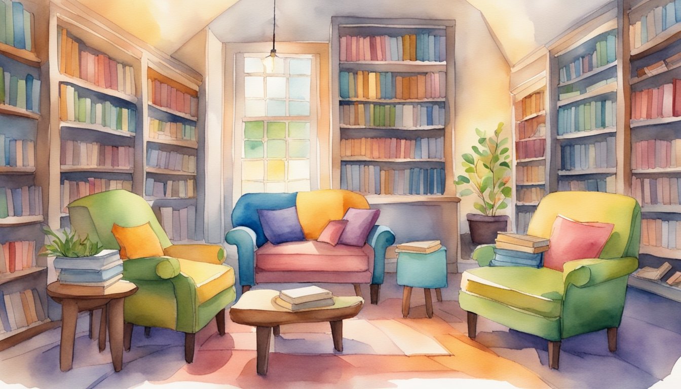 Colorful books arranged in a playful display, surrounded by cozy seating and soft lighting, inviting children to dive into the joy of reading for fun