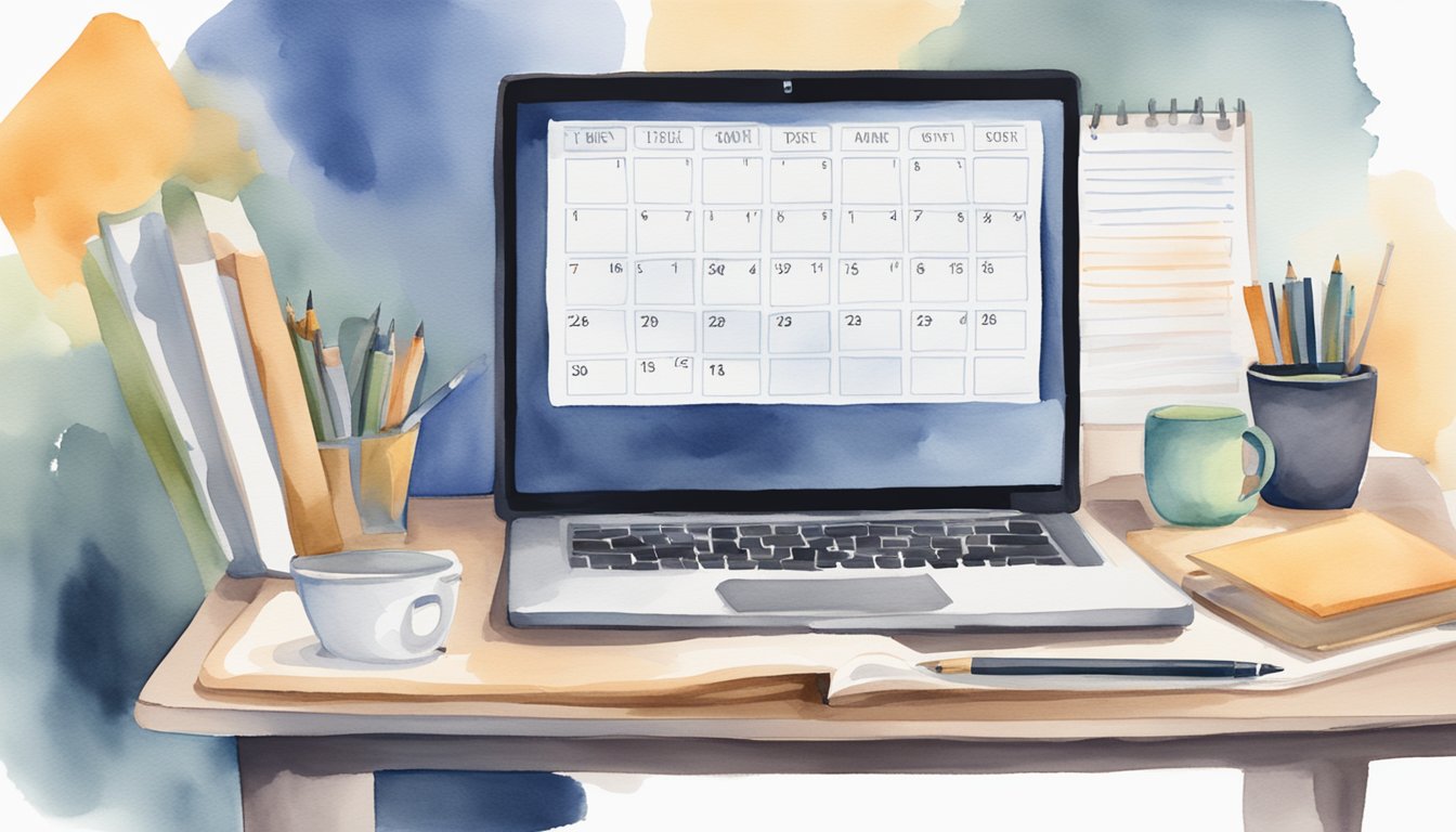 A laptop on a desk with a stack of books, a notepad, and a pen.</p><p>A calendar on the wall shows a busy schedule.</p><p>An online degree program website is open on the laptop screen