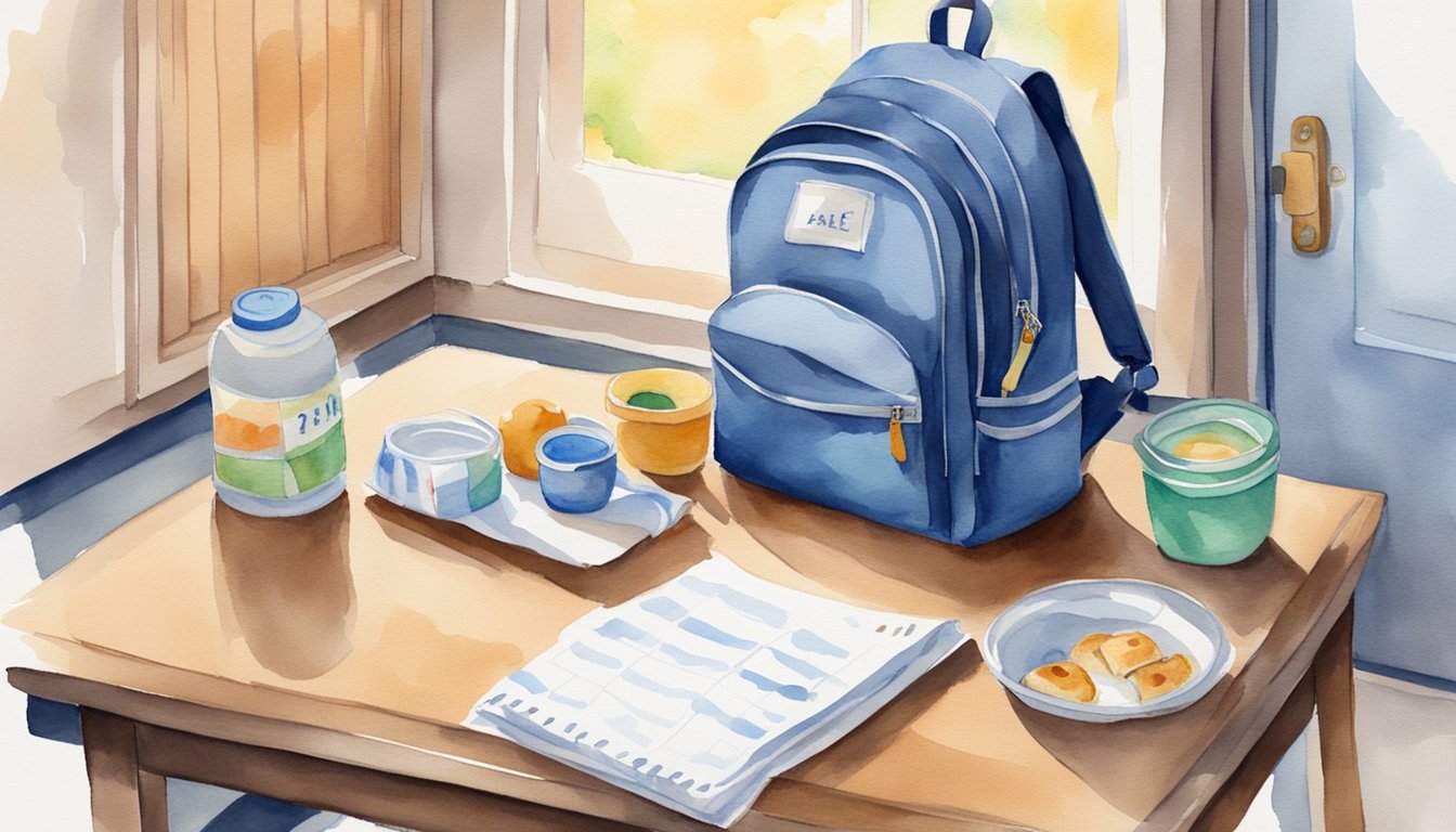 A child's backpack sits by the door, ready for the school day.</p><p>A healthy breakfast is laid out on the table, with a packed lunch nearby.</p><p>A calendar on the wall marks important dates