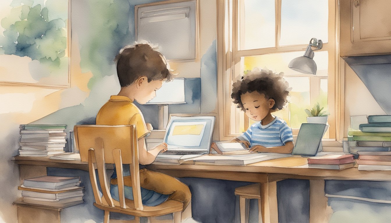 A child sitting at a desk with books and a computer, while a parent looks on and sets a timer for screen time.</p><p>A clock on the wall shows the time