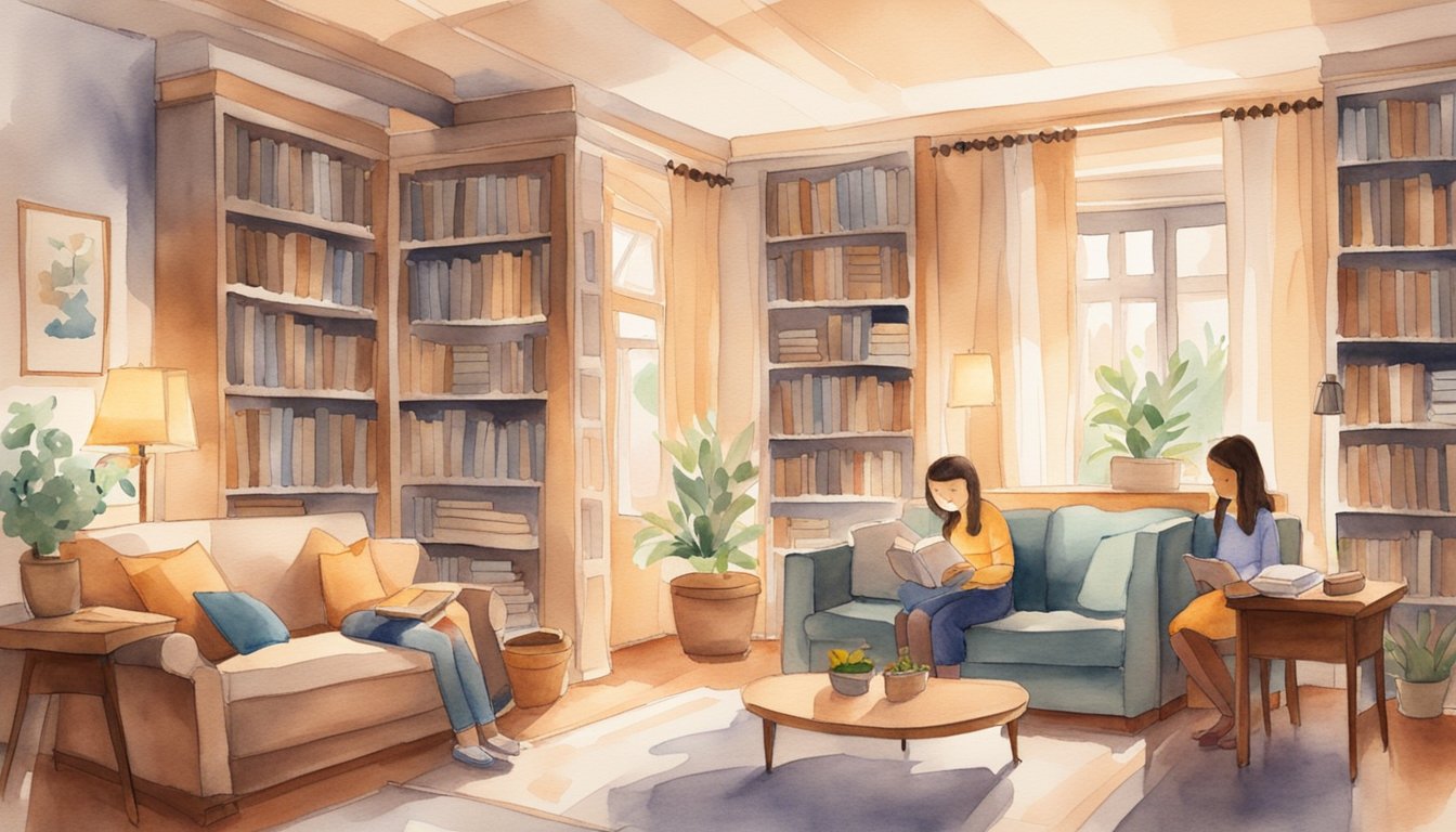 A cozy living room with bookshelves and a study area.</p><p>A parent and child sit together, reading and discussing schoolwork.</p><p>Soft lighting and warm colors create a nurturing atmosphere