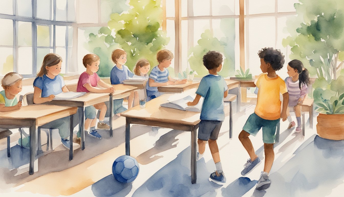 Children participating in various school activities: playing sports, studying, and socializing with friends.</p><p>A parent observes proudly from a distance