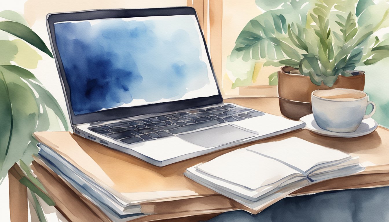 A laptop open on a desk with healthcare-related books and a notepad, surrounded by a comfortable study space with natural light and a plant in the background