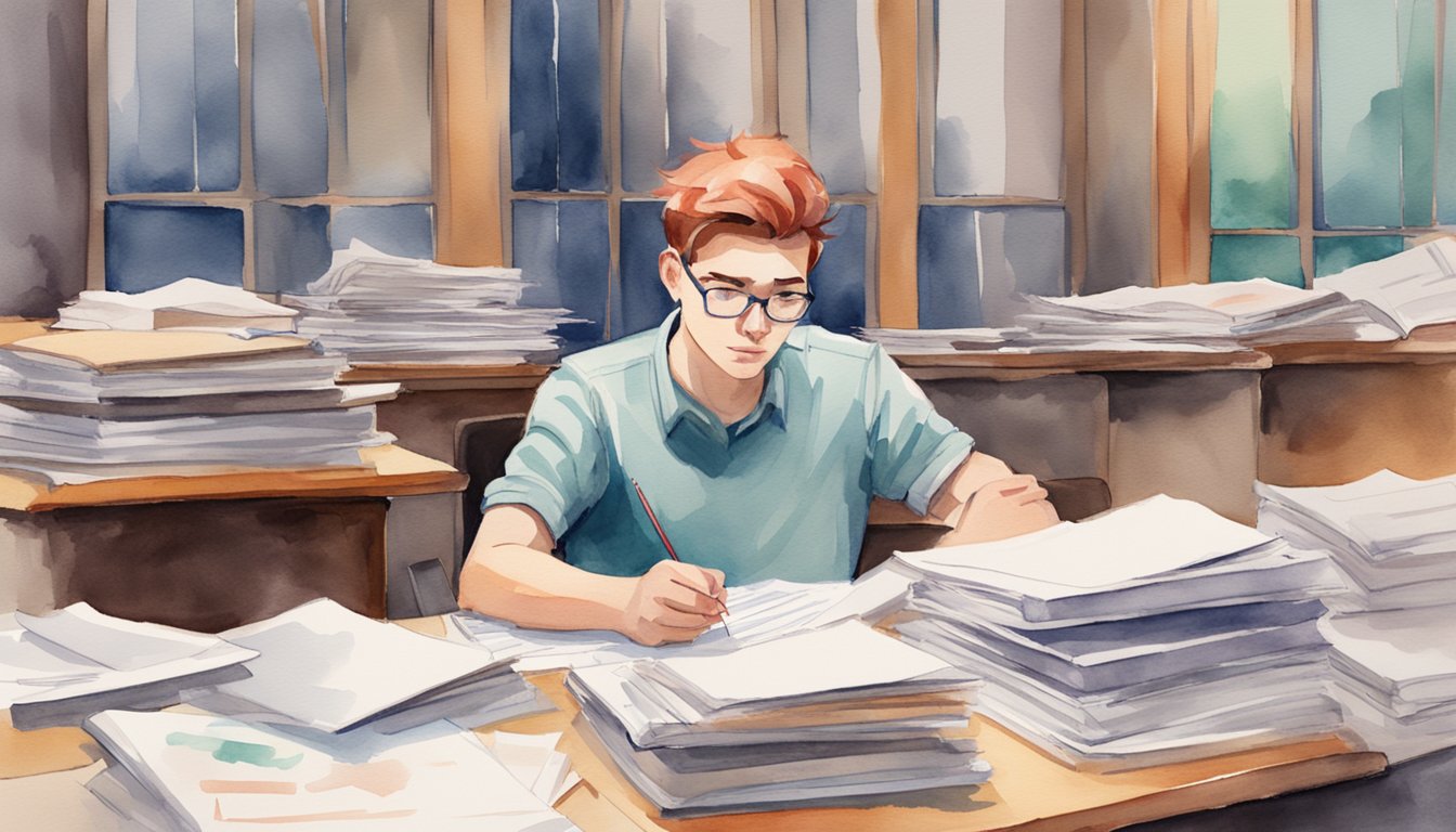 A stack of college application papers with red marks and crossed-out mistakes.</p><p>A frustrated student sits at a desk, surrounded by books and papers