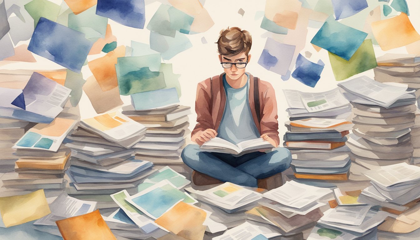 A student surrounded by scattered college brochures, looking confused and overwhelmed by the lack of research and making common application mistakes