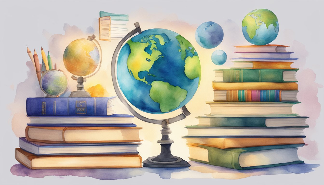 A stack of 8 books with "InThinking 8 Essential IB Program Resources" on the cover, surrounded by school supplies and a globe