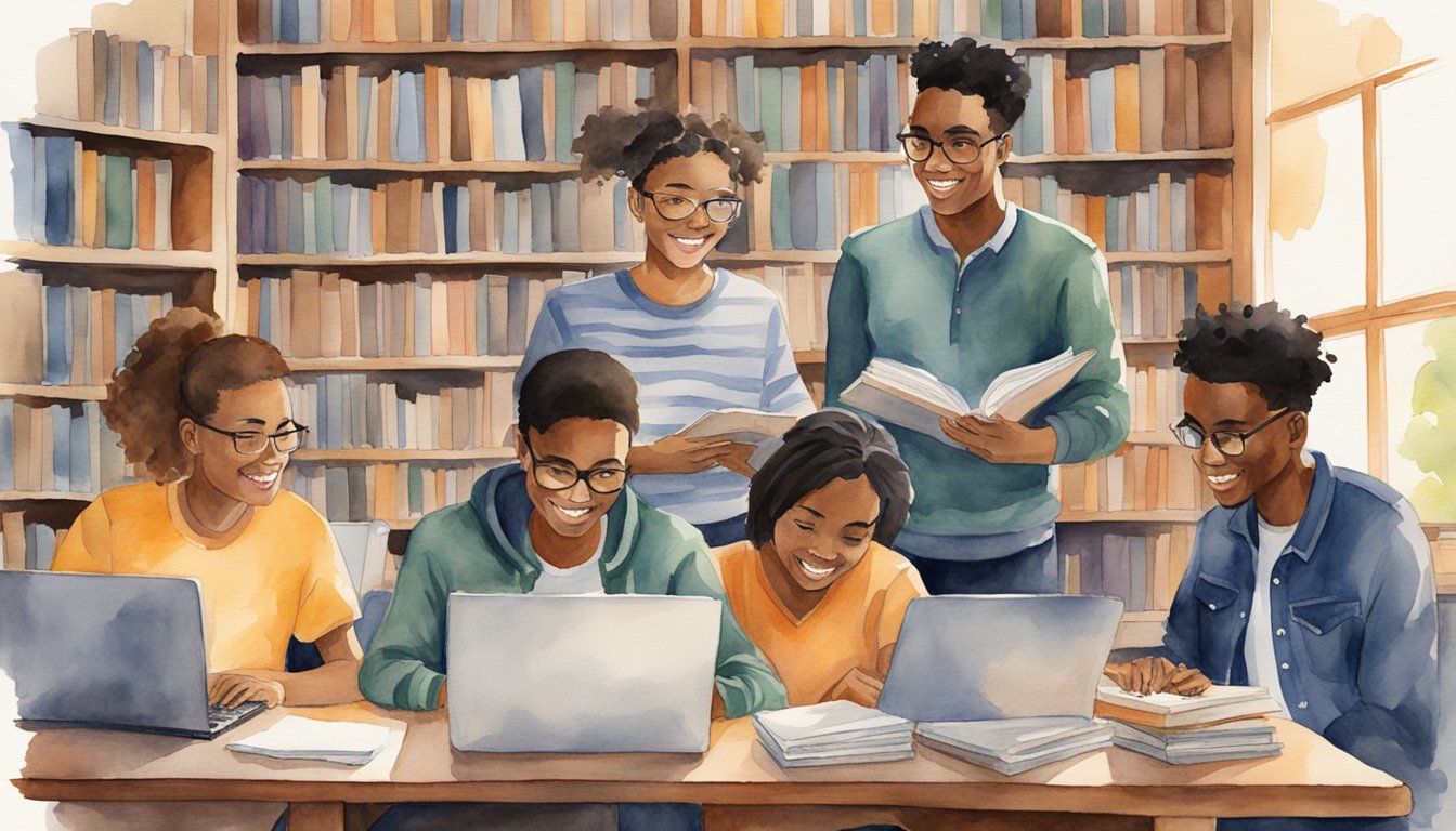 A group of seven college students receiving Jack Kent Cooke Foundation scholarships, surrounded by books and laptops, with smiles on their faces