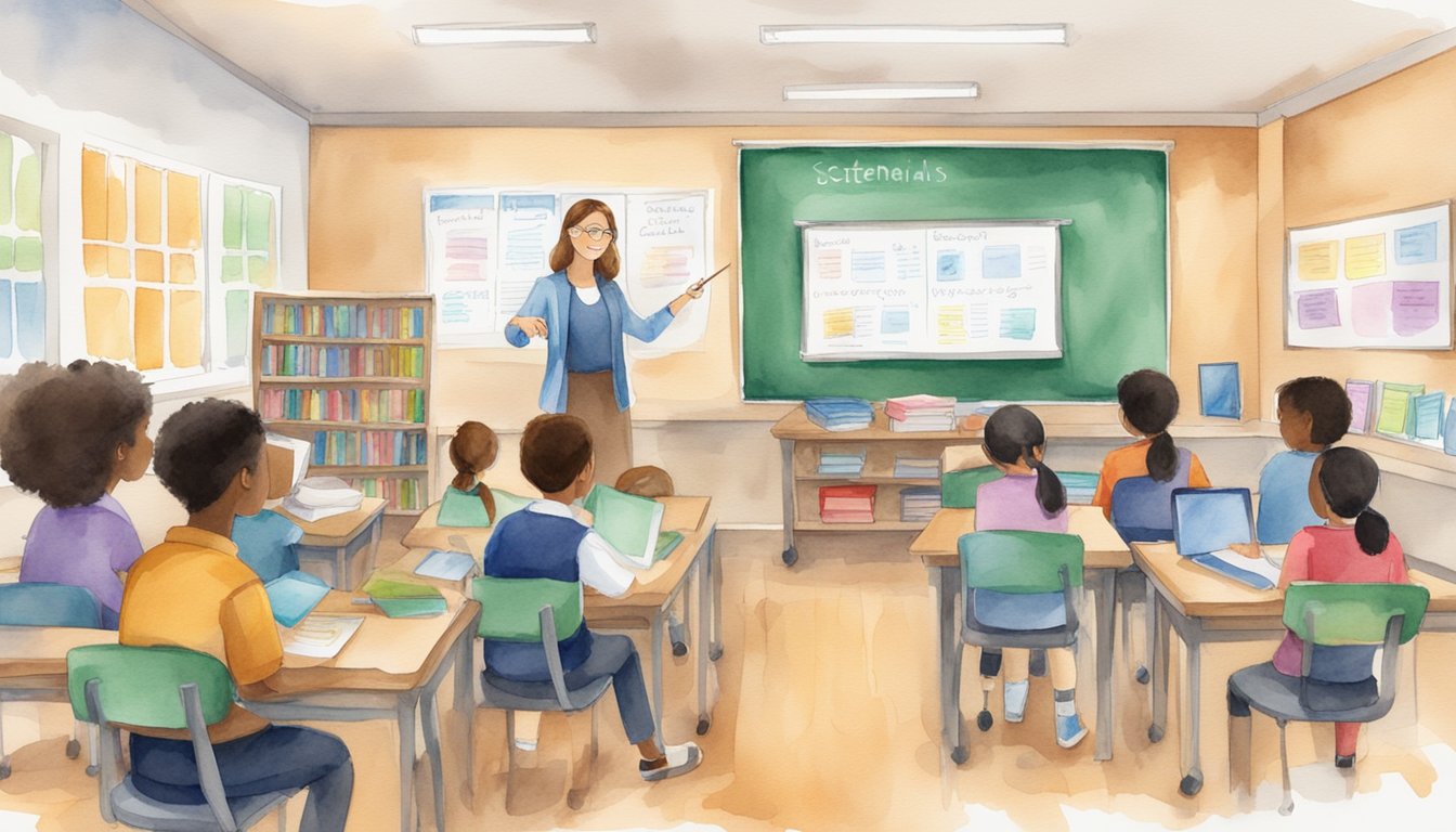 A classroom with books, technology, and study materials.</p><p>A teacher stands at the front, pointing to a whiteboard with IB program essentials listed