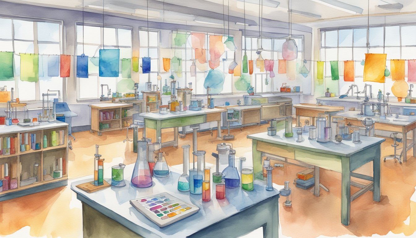 Seven colorful STEM camp banners hang in a bright, modern classroom.</p><p>Beakers, test tubes, and microscopes are scattered across lab tables, surrounded by eager young scientists