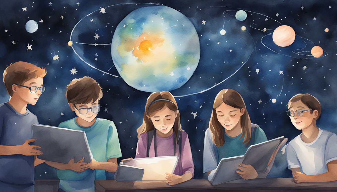 A group of middle school students using tablets to explore constellations and planets in a dark, starry sky