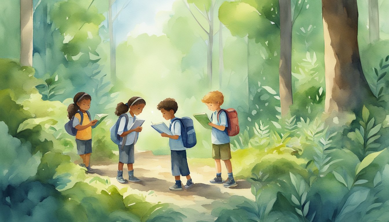 A group of young scientists explore a lush forest, observing plants and animals.</p><p>They carry notebooks and magnifying glasses, eager to learn and discover