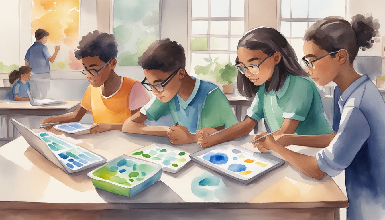 A group of middle school students engage with Khan Academy's 7 science apps, exploring various scientific concepts through interactive and engaging activities