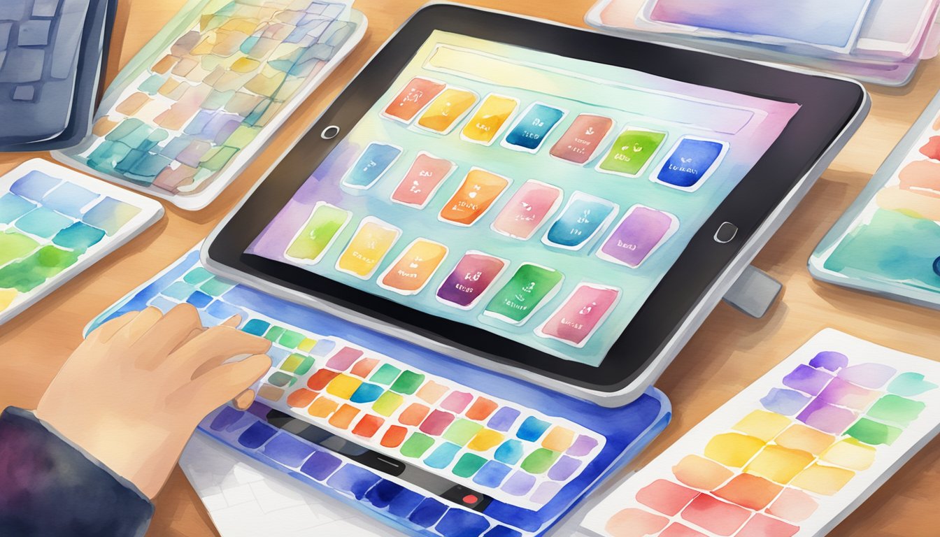 A desk with a variety of language flashcard apps displayed on a tablet or smartphone, with colorful and engaging interface designs