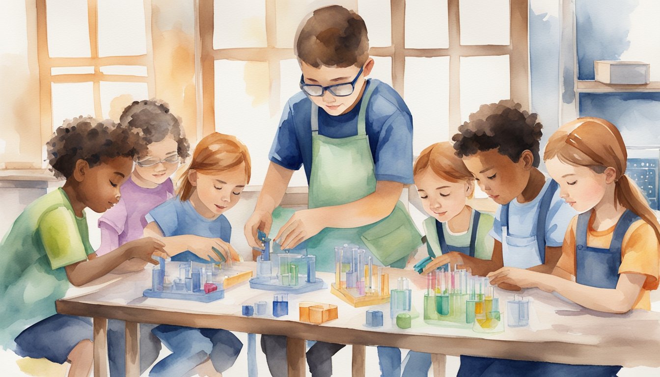 A group of children engaged in hands-on STEM activities at a camp, surrounded by science experiments, technology gadgets, engineering projects, and mathematical puzzles