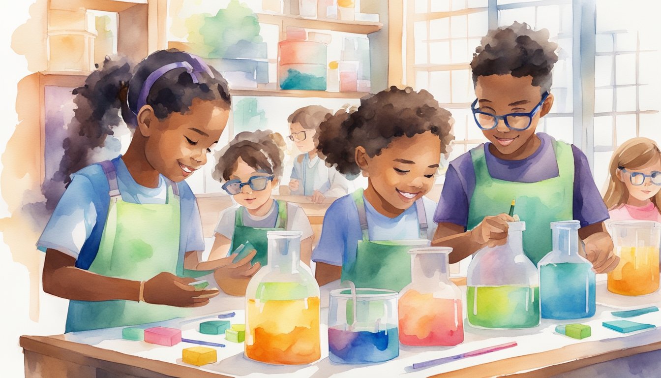 A group of children engage in hands-on experiments and problem-solving activities at a STEM camp, surrounded by colorful lab equipment and educational materials