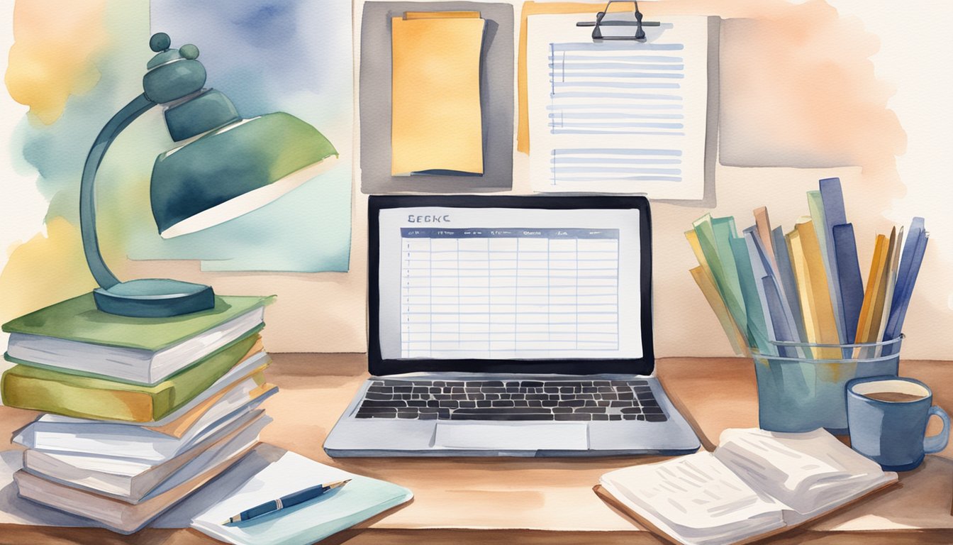 A desk with Barron's GRE prep books, a laptop, and study notes.</p><p>A clock on the wall shows the time.</p><p>A motivational quote poster hangs in the background