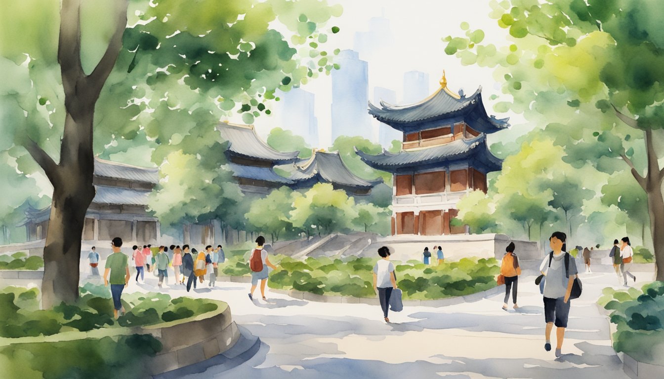 A bustling campus with diverse students, iconic Chinese architecture, and lush greenery at Peking University International Summer School