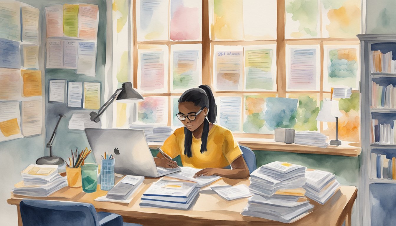 A student sits at a desk, surrounded by college brochures and financial aid forms.</p><p>They carefully compare costs and scholarships, making notes on a checklist titled "7 Steps to Choosing the Right College for You."