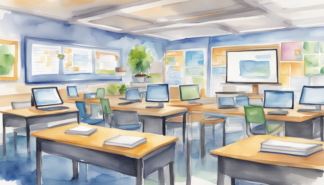 A classroom setting with computer screens displaying Desire2Learn Brightspace 8.</p><p>Books, notebooks, and a whiteboard showing educational content