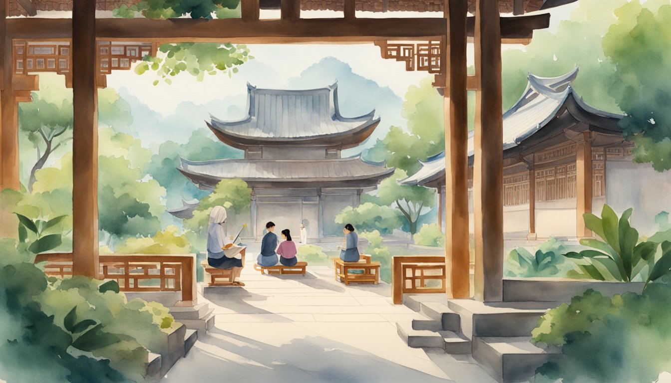 A group of students studying in a serene Asian setting, surrounded by traditional architecture and lush greenery, with a sense of focus and determination in their expressions