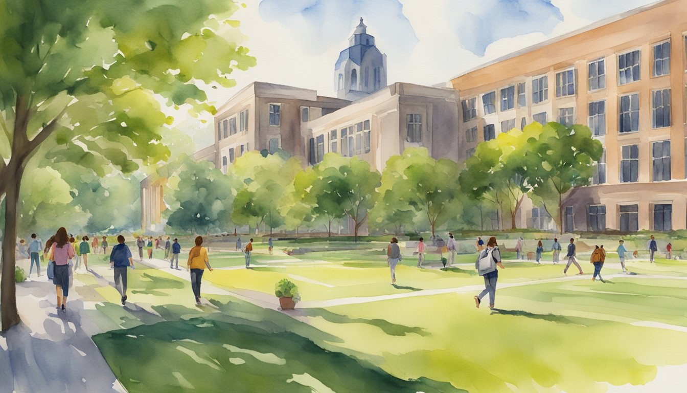 A bustling college campus with students walking between modern buildings, green lawns, and a central quad.</p><p>The sun shines down on the lively scene as students engage in various activities